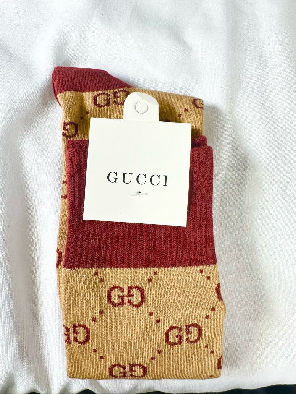 Fashion Luxury Beige & Sienna GG Pattern Crew Socks “17 cuff to toe (Unisex)